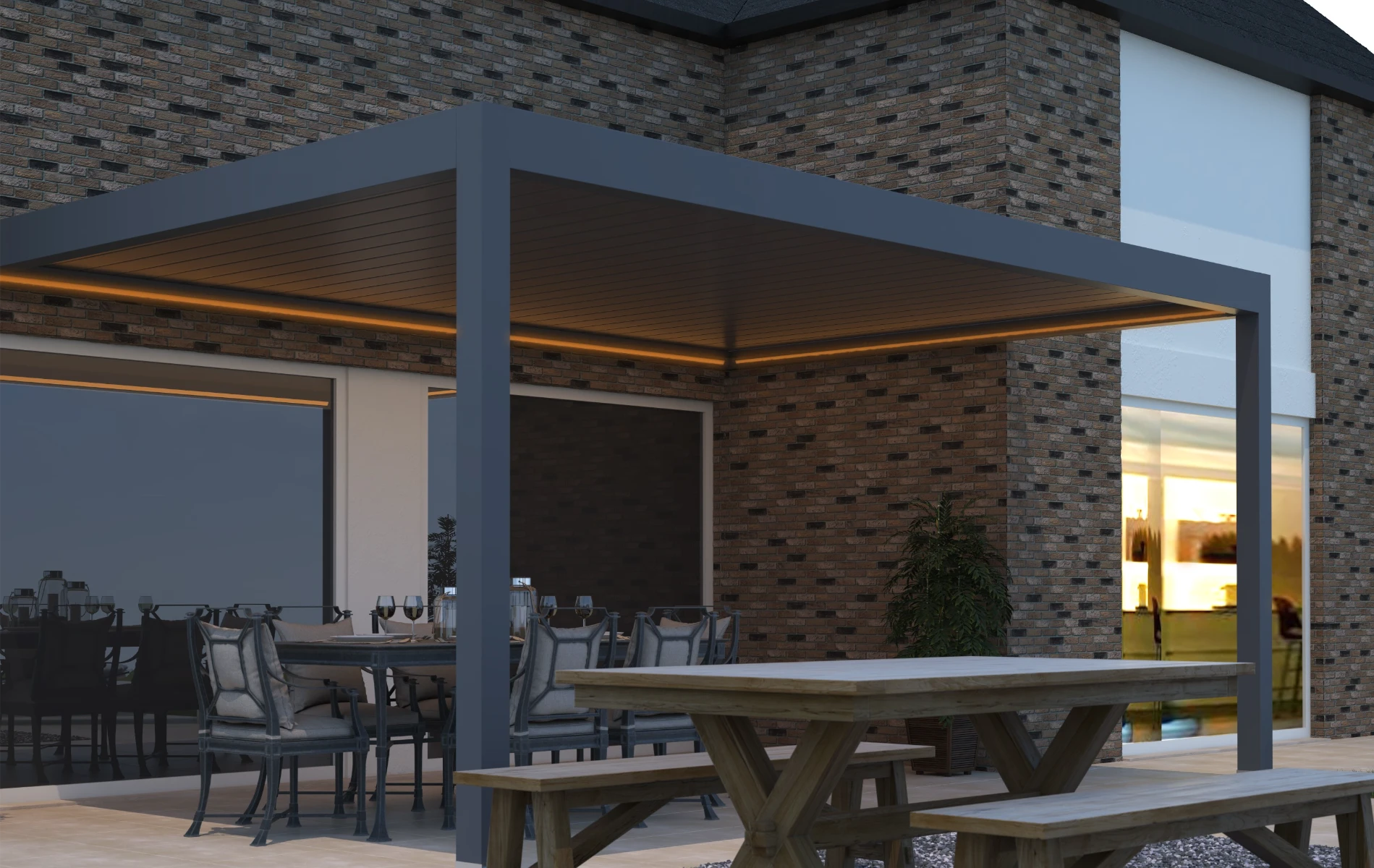 Aluminium Lamellenpergola als Terrassenüberdachung mit gedecktem Essbereich und Holzgarnitur